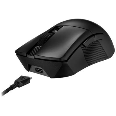 Schwarze kabellose Gaming-Maus mit ergonomischem Design und strukturiertem Griff, zeigt auch ein abnehmbares USB-C-Ladekabel.