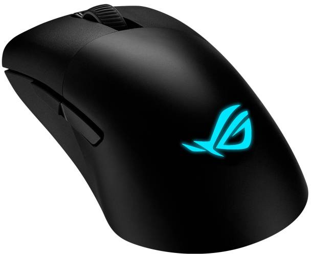 Kabellose schwarze Gaming-Maus mit beleuchtetem Logo, ergonomischem Design und seitlichen Tasten auf einer blauen Oberfläche.
