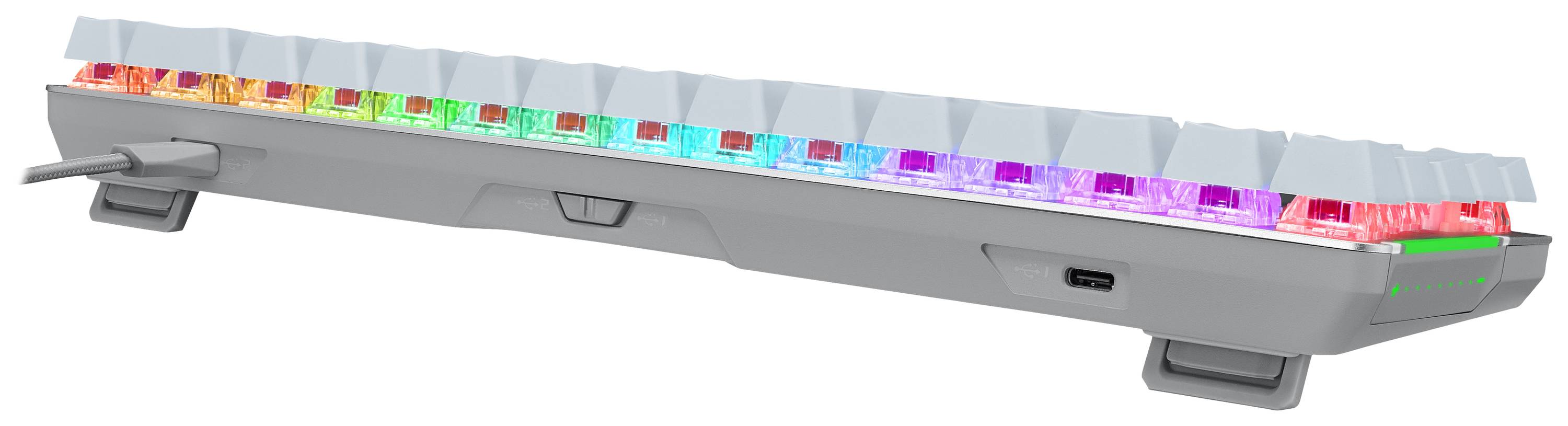 Tastatur mit abnehmbaren Keycaps und RGB-Hintergrundbeleuchtung, mit sichtbarem USB-Kabelanschluss auf der linken Seite.
