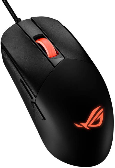 Schwarze Gaming-Maus mit leuchtendem Logo und rotem Scrollrad. Geeignet für präzise Steuerung bei Videospielen.