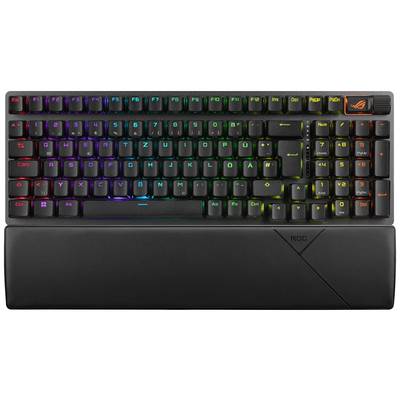 Eine Gaming-Tastatur mit RGB-Hintergrundbeleuchtung, deutsches Layout. Ergonomische Handballenauflage und dedizierte Medientasten.