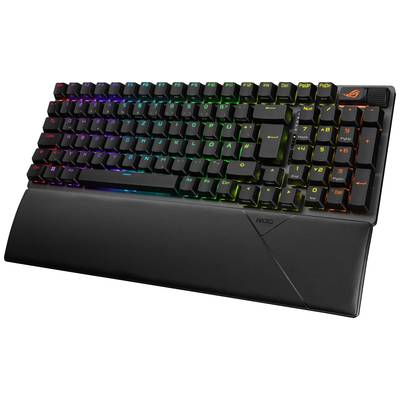 Mechanische Gaming-Tastatur mit RGB-Hintergrundbeleuchtung und ergonomischer Handballenauflage, Tasten mit zusätzlichen Funktionen.