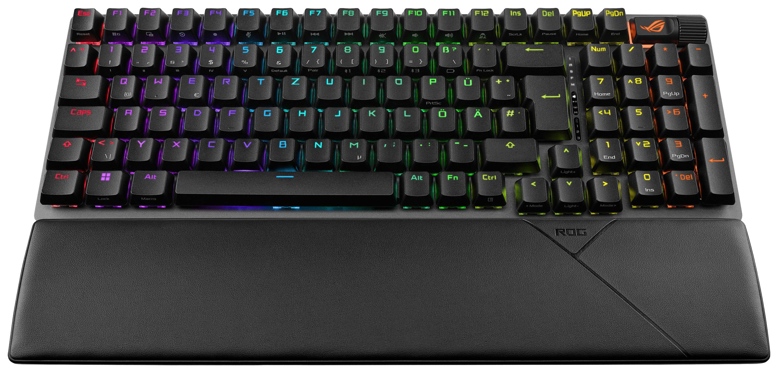 Mechanische Gaming-Tastatur mit RGB-Hintergrundbeleuchtung, zeigt beleuchtete Tasten und abnehmbare Handballenauflage.