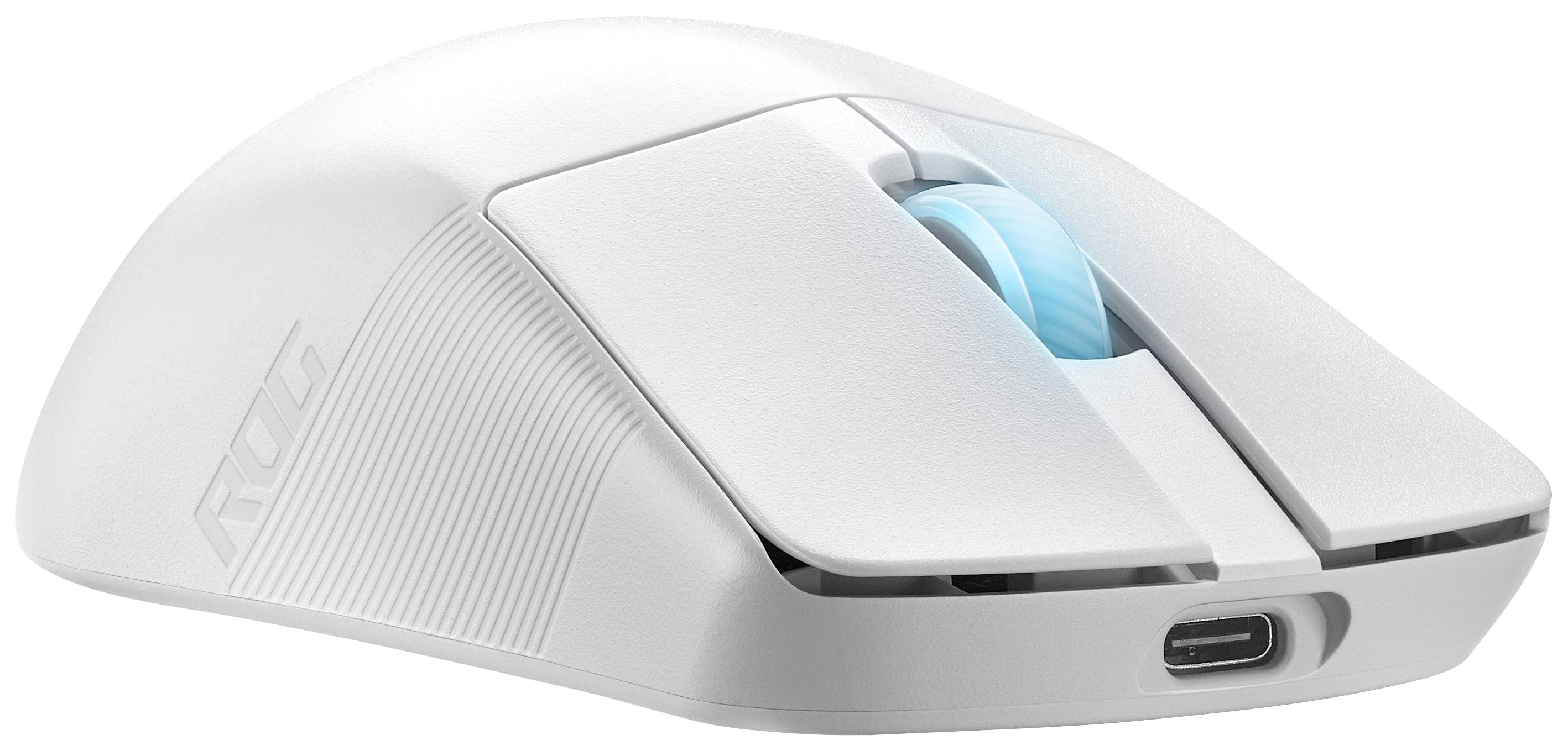 Eine weiße Computermaus mit beleuchtetem Scrollrad und USB-C-Anschluss, seitlich von oben betrachtet.