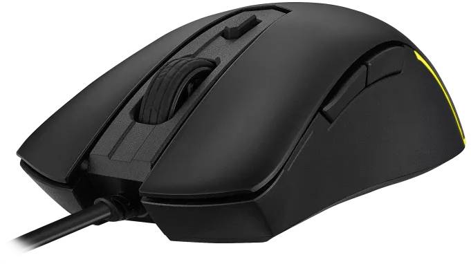 Schwarze kabelgebundene Computergaming-Maus mit gelben Akzenten, Fokus auf ergonomisches Design und seitliche Tasten.