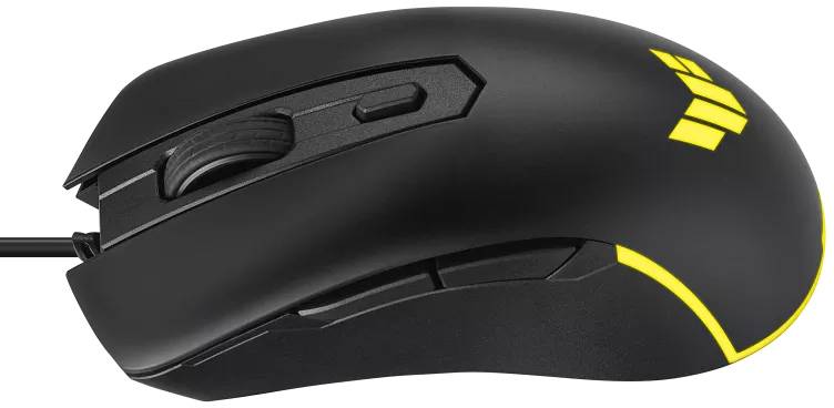 Schwarze Computermaus mit gelbem Logo und Kabel, zwei Seitentasten und einem Scrollrad, auf weißem Hintergrund.