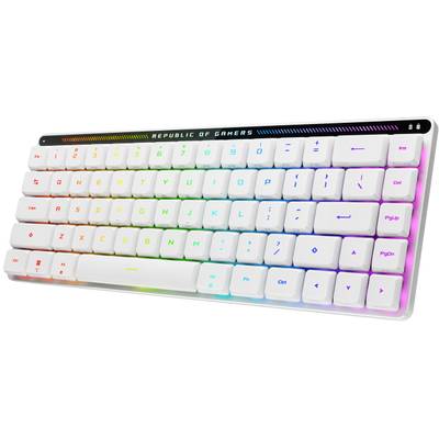Weiße Gaming-Tastatur mit RGB-Beleuchtung und dem Schriftzug 'Republic of Gamers' oben. Die Tasten leuchten in verschiedenen Farben.