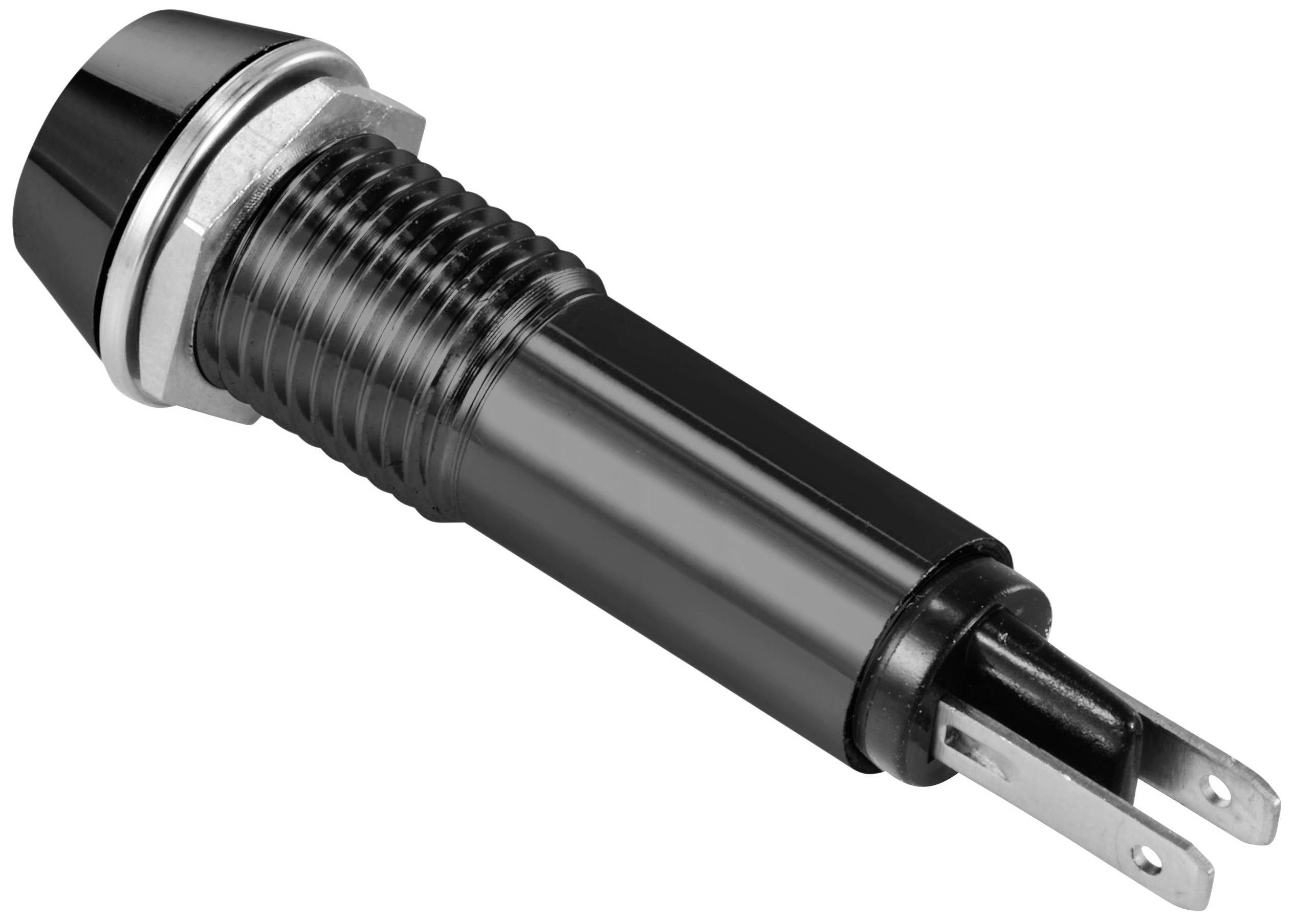 Ein zylindrischer Steckverbinder mit zwei Metallstiften aus schwarzem Kunststoff und Metallkomponenten, zeigt industrielle Anwendung.