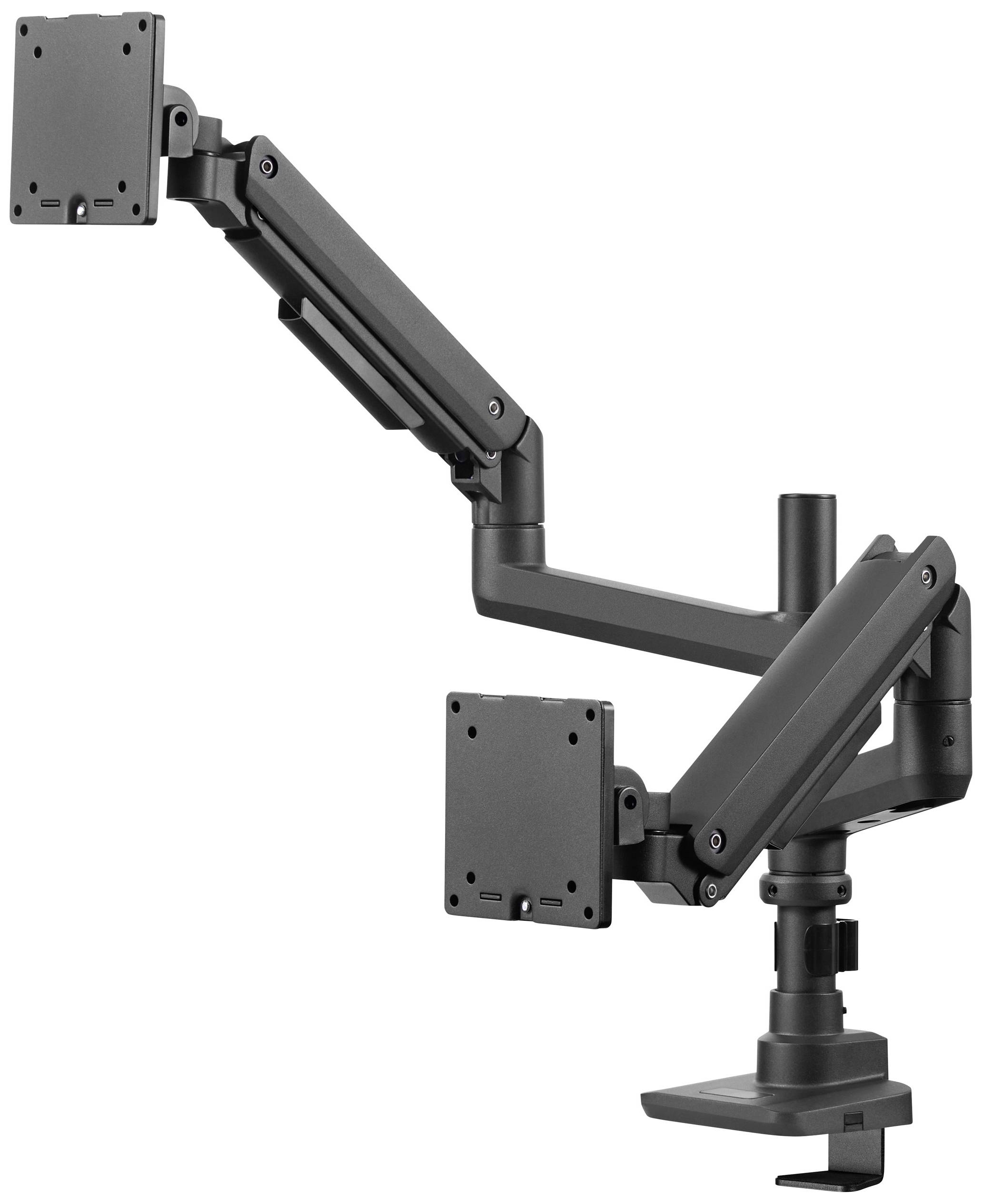 Ein dualer Monitorarm aus Metall in Schwarz, der höhenverstellbar ist und zur Befestigung an der Tischkante dient. Ideal für flexibles Arbeiten.