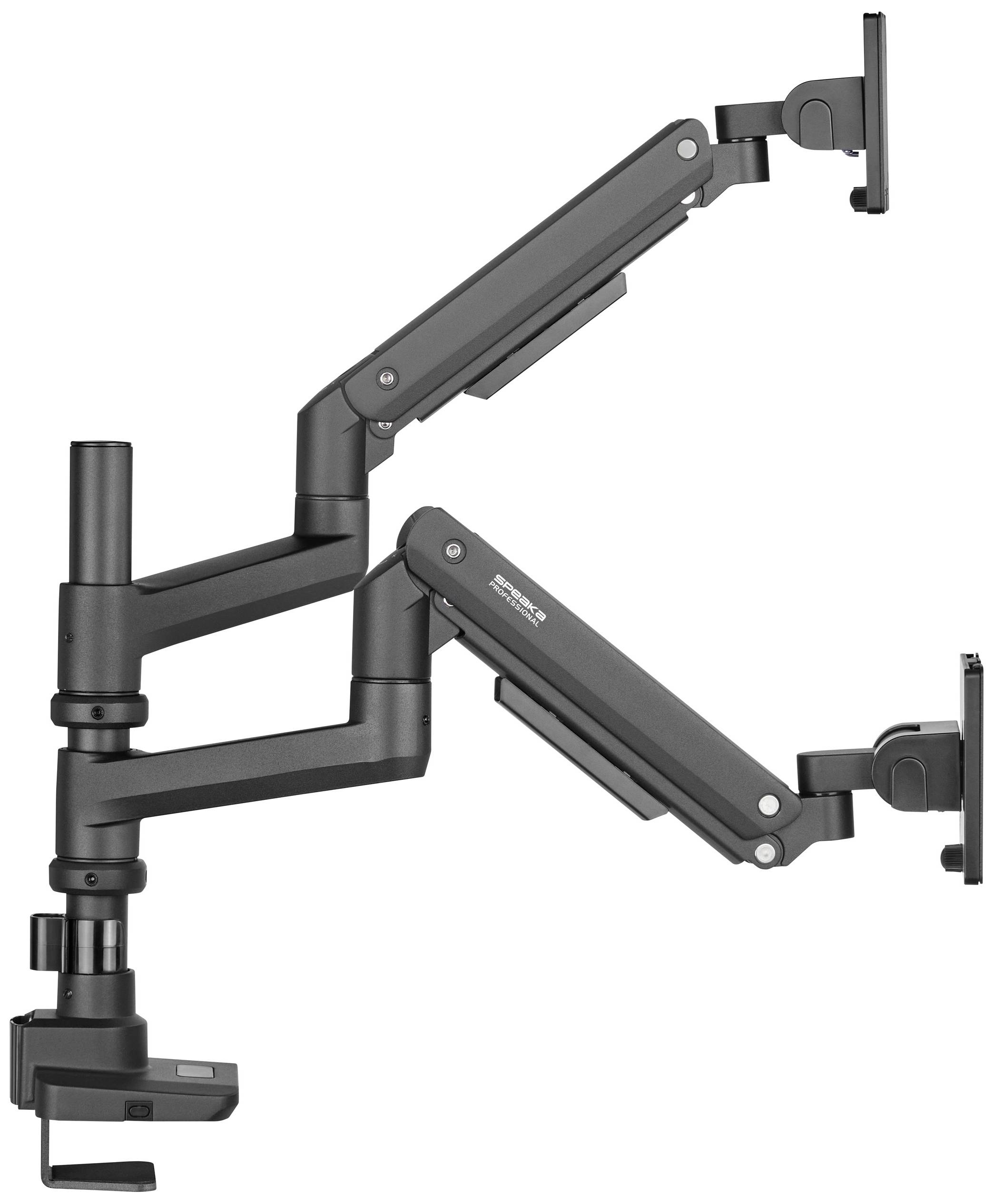 Doppelte Monitorhalterung mit Gelenkarmen zur Befestigung an einem Schreibtisch. Ermöglicht flexible Positionierung von zwei Bildschirmen.