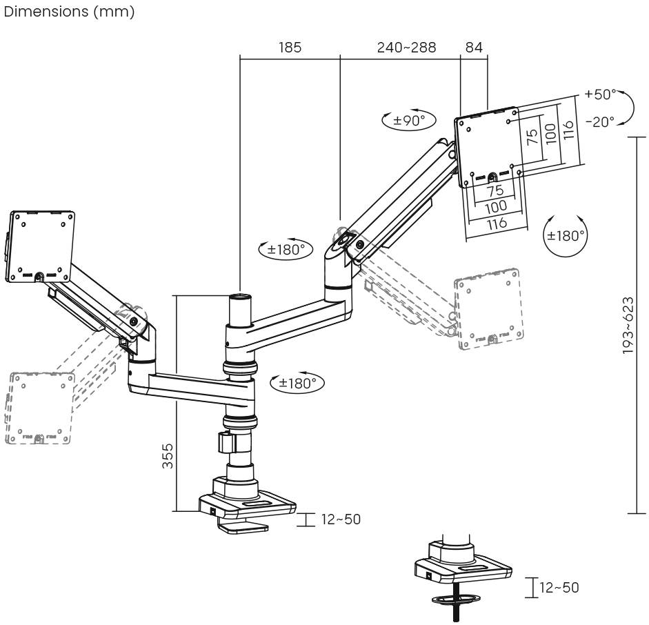 Abbildung eines doppelten Monitorarms mit verstellbaren Gelenken, Neigungswinkeln und Montagemöglichkeiten, Maße in Millimetern.
