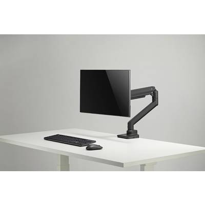 Ein Computerbildschirm an einem verstellbaren Arm ist an einem weißen Schreibtisch befestigt. Daneben befinden sich eine Tastatur und eine Maus.