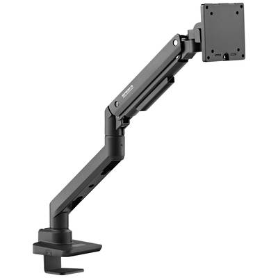 Ein verstellbarer Monitorarm aus schwarzem Metall, befestigt an einer Tischkante. Ideal zur ergonomischen Positionierung von Bildschirmen.
