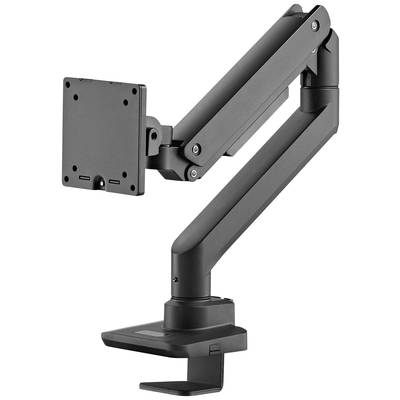 Ein schwarzer, verstellbarer Monitorarm mit Tischhalterung und VESA-Halterung. Ideal zur ergonomischen Anpassung eines Bildschirms.