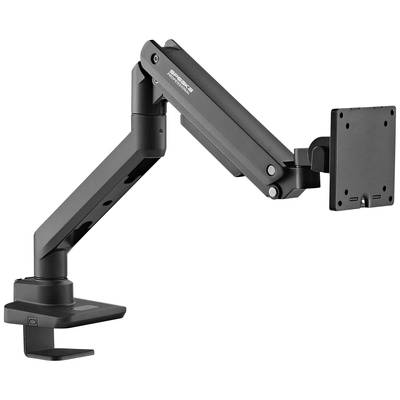Ein ergonomischer Monitorarm in Schwarz mit mehreren Gelenken, montierbar auf einem Schreibtisch, für flexible Bildschirmpositionierung.