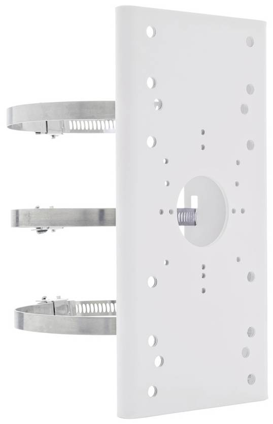 Weiße, rechteckige Halterung mit runden Löchern und zwei Metallschellen an der Seite zur Befestigung an einem Mast oder einer Stange.
