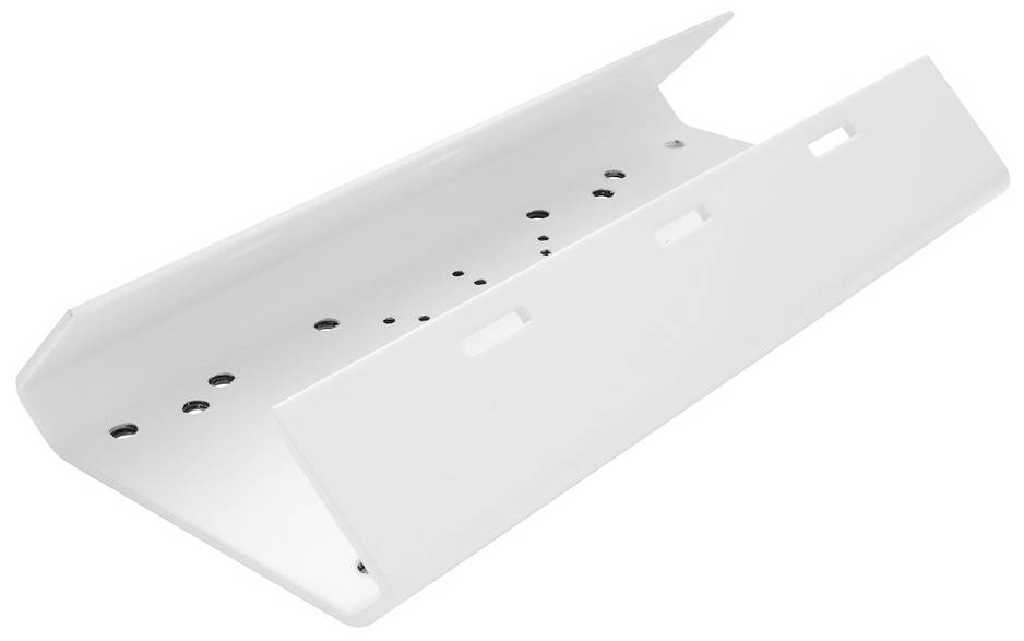 Weiße, trapezförmige Kunststoffhalterung mit mehreren Löchern und rechteckigen Ausschnitten, geeignet zur Befestigung oder Montage.