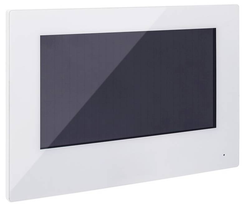 Ein modernes, weißes Touchscreen-Display-Gerät, schräg von der Seite fotografiert, mit einem großen, schwarzen Bildschirmbereich.