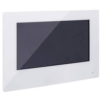 Ein modernes, weißes Touchscreen-Display-Gerät, schräg von der Seite fotografiert, mit einem großen, schwarzen Bildschirmbereich.