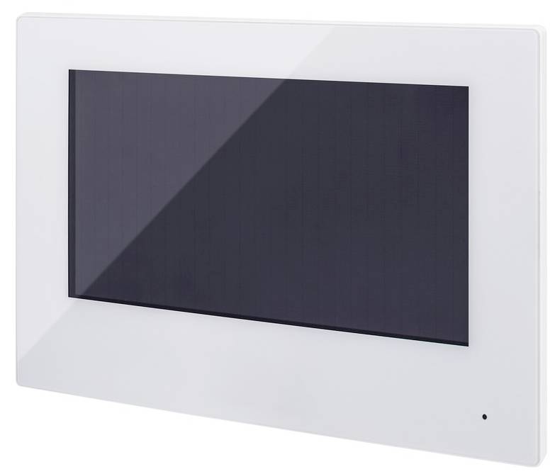 Ein weißer rechteckiger Bildschirm mit schwarzem Display auf weißem Hintergrund, möglicherweise ein Kontroll- oder Anzeigepanel.