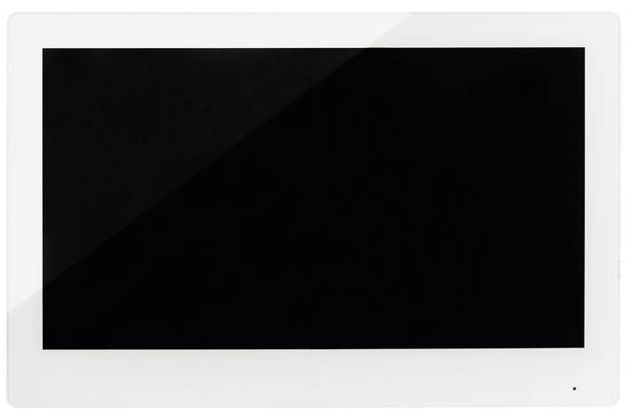 Ein weißer, ausgeschalteter Flachbildfernseher mit schwarzem Bildschirm, aufgehängt an einer weißen Wand.