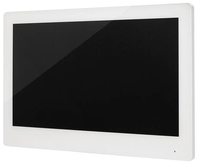 Ein flacher, moderner Computermonitor mit weißem Rahmen und schwarzem Bildschirm.