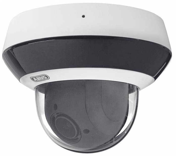 Überwachungskamera an der Decke montiert, schwarz-weiß, mit halbrunder Kuppel.