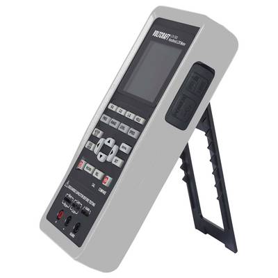 Tragbares elektronisches Gerät mit Bildschirm und Tasten, schräg platziert auf einem ausklappbaren Ständer, vermutlich ein Messinstrument.