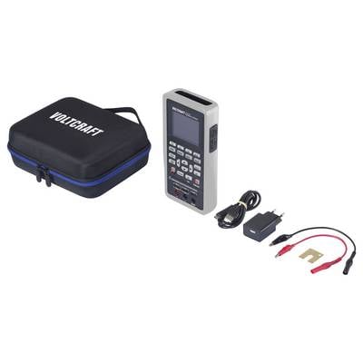 Elektronik-Messgerät mit Bildschirm und Tastenfeld, Ladegerät, Kabel und Etui. Zubehör für präzise elektrische Messungen.