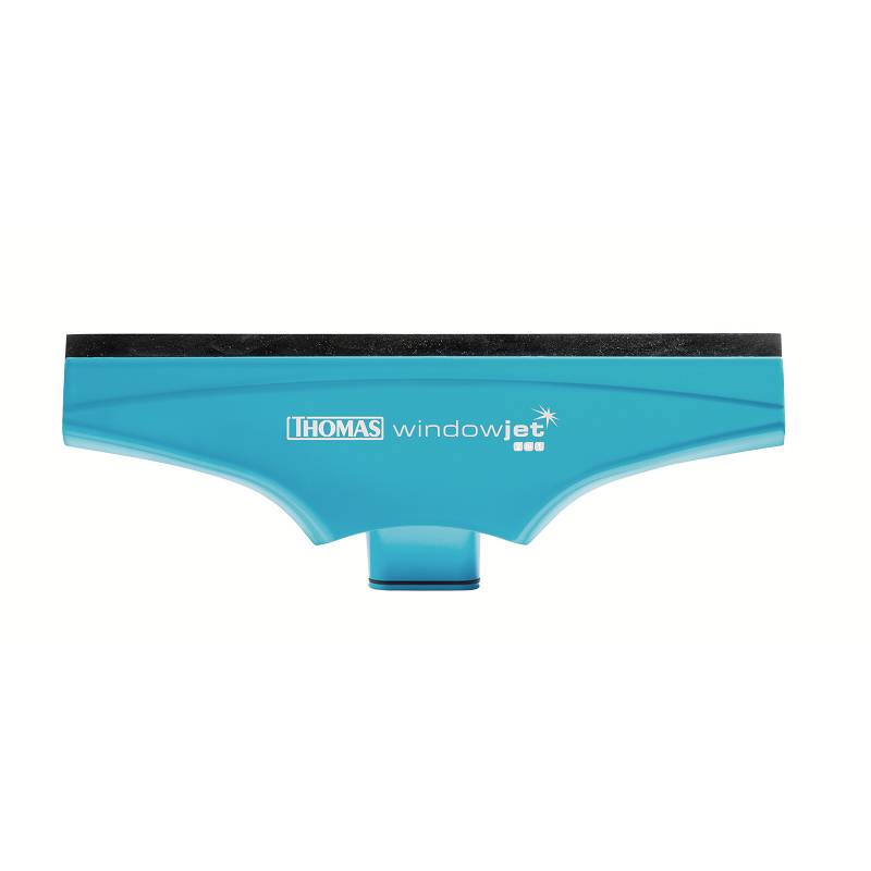 Ein Fensterabzieher in Blau mit schwarzer Gummilippe, beschriftet mit 'Thomas windowjet'.