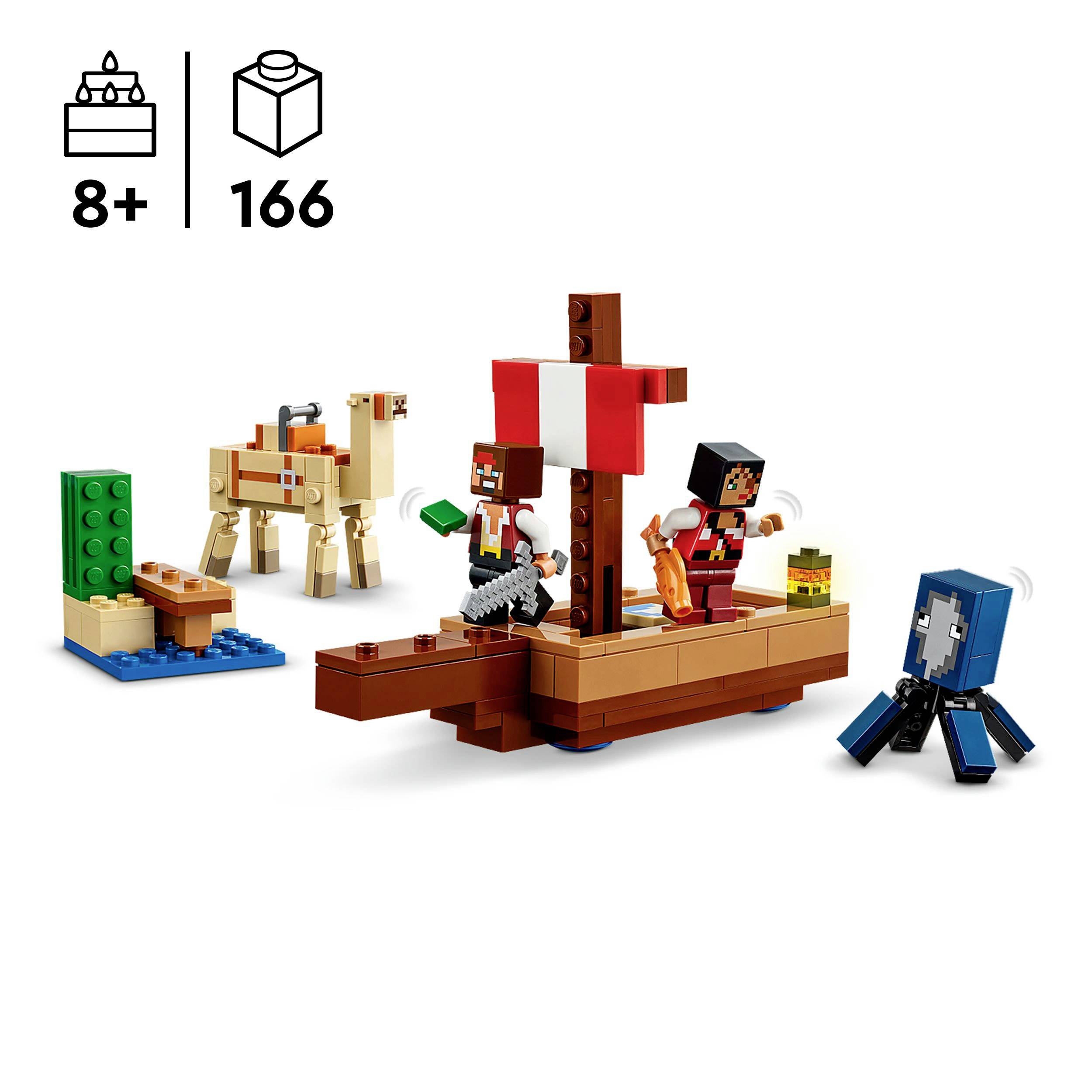 Lego-Set mit Minecraft-Figuren: ein Piratenschiff mit Segeln, zwei Charaktere, ein Oktopus und ein Lama. Empfohlen ab 8 Jahren, 166 Teile.