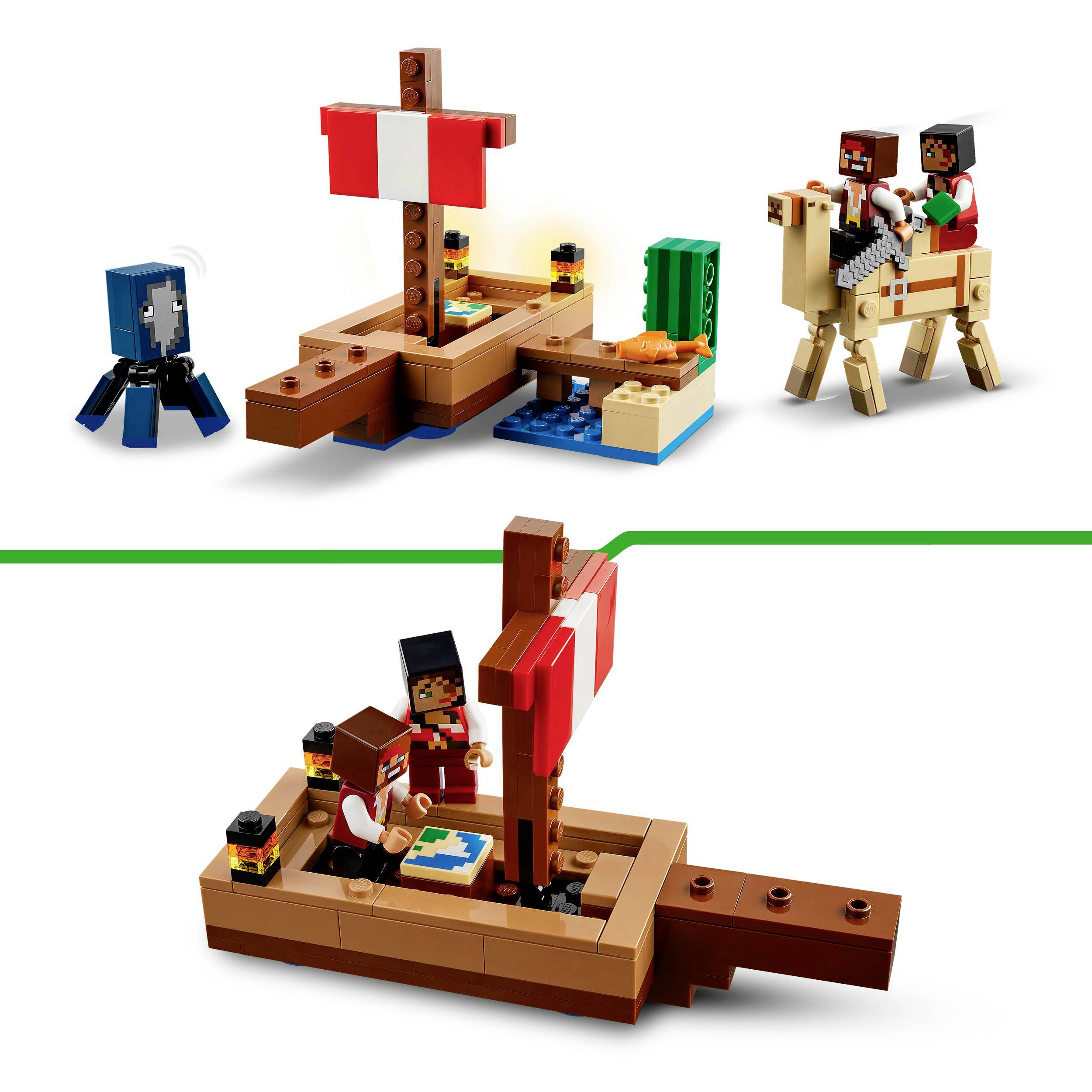 LEGO Minecraft-Set mit einem Floß, einem Oktopus, zwei Figuren und einem Lama. Die Figuren stehen zum Teil auf dem Floß und einem Lama.
