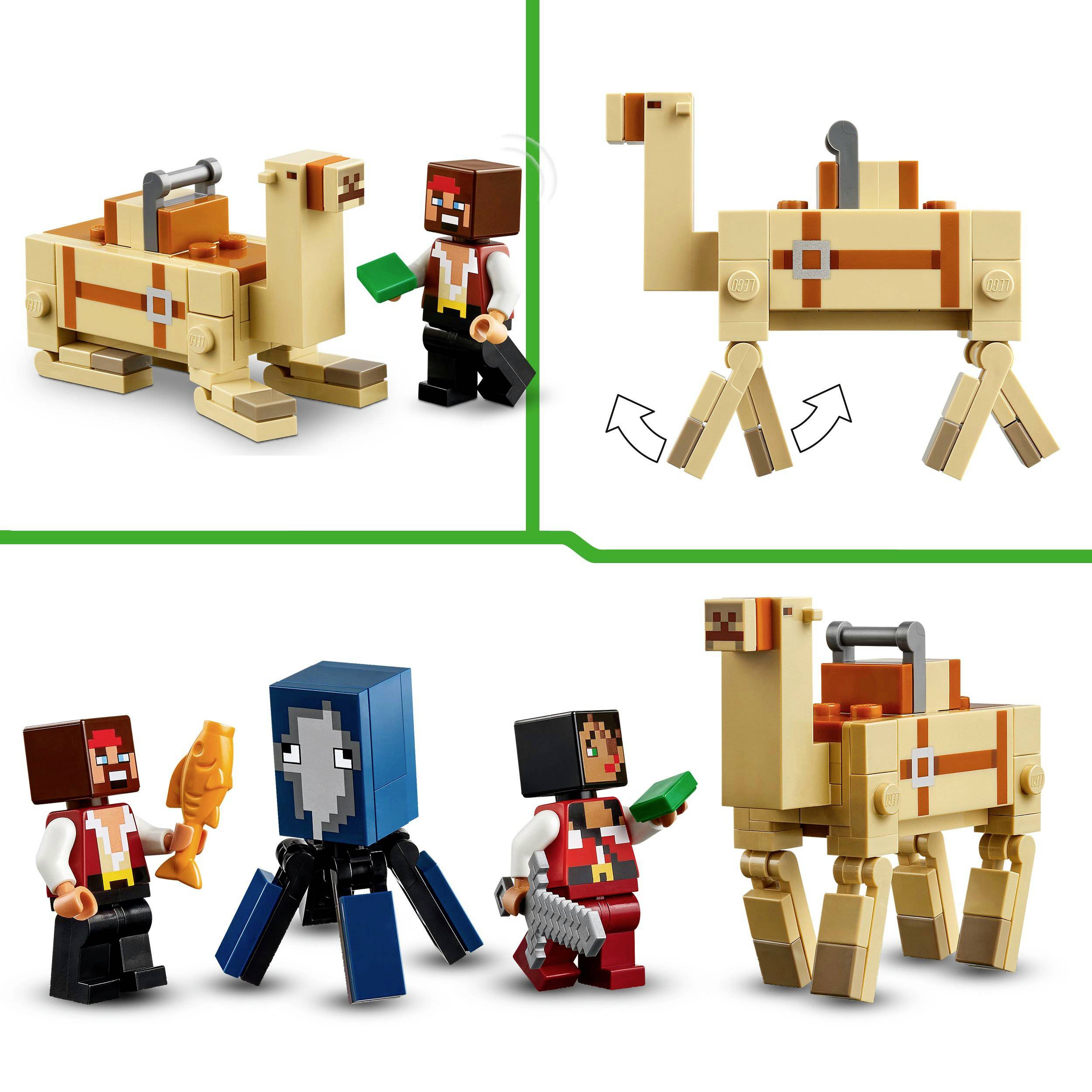 LEGO Minecraft-Set 'Wüstenabenteurer': Figuren mit einem Kaktus, ein Kamel und ein blauer Mob. Enthält Spielfiguren und Zubehör.