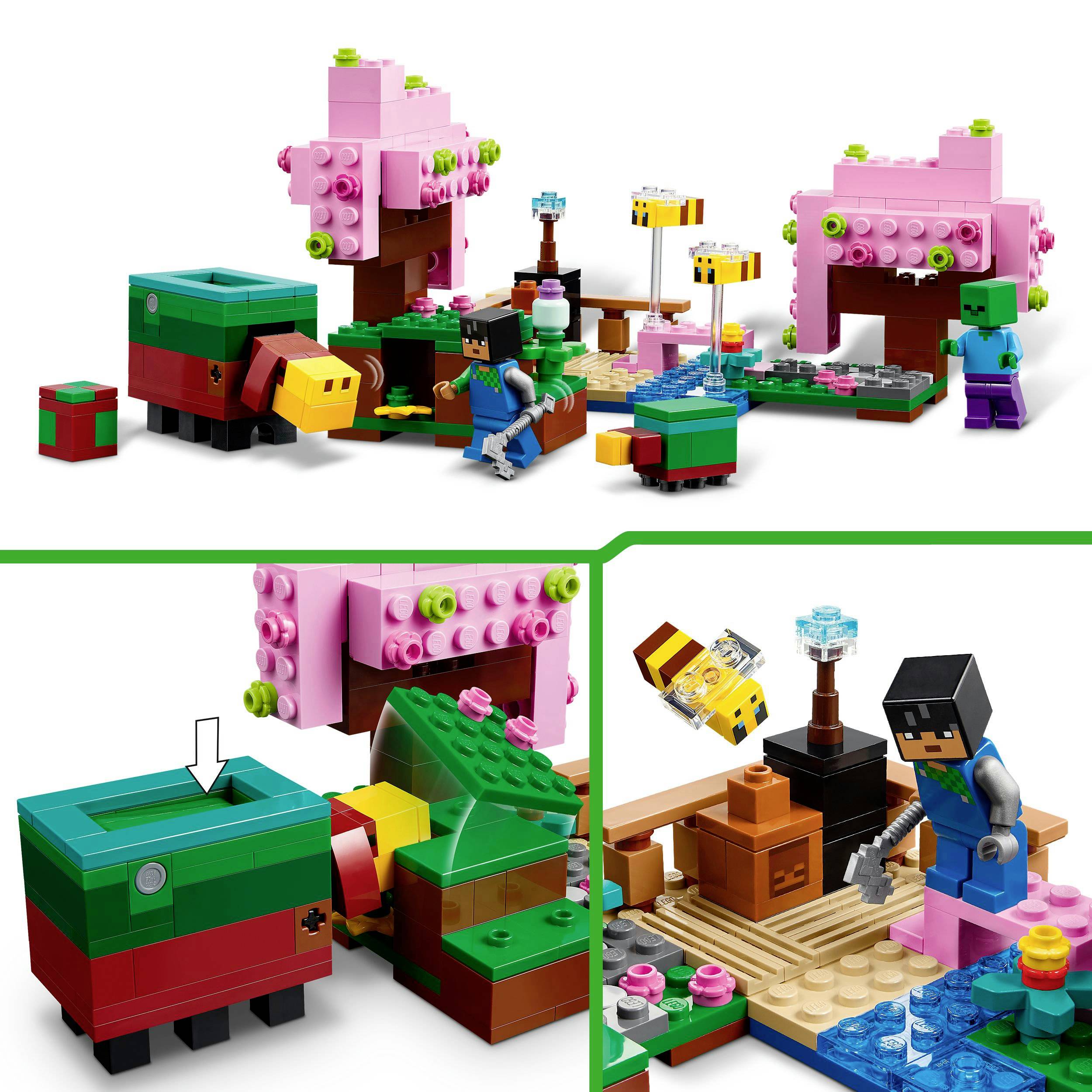 Lego-Spielset mit Minecraft-Thema. Figuren bauen mit Blöcken eine Landschaft mit Bäumen und Tieren. Contrptoy, Spielfiguren interagieren.