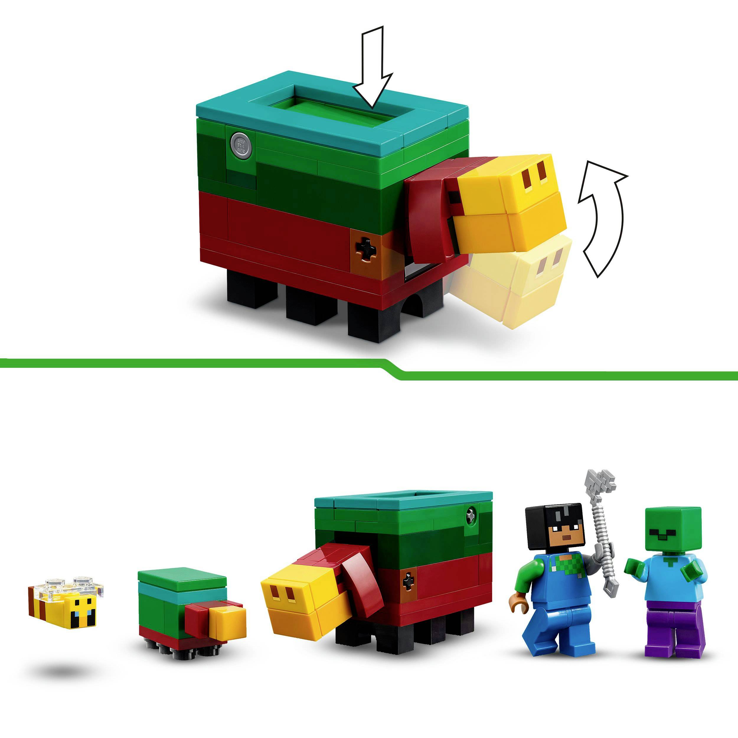 Ein LEGO Minecraft-Set mit einem baubaren Papagei, einer Biene, einem Spieler, einem Zombie und einem Ziegelblock auf Beinen.
