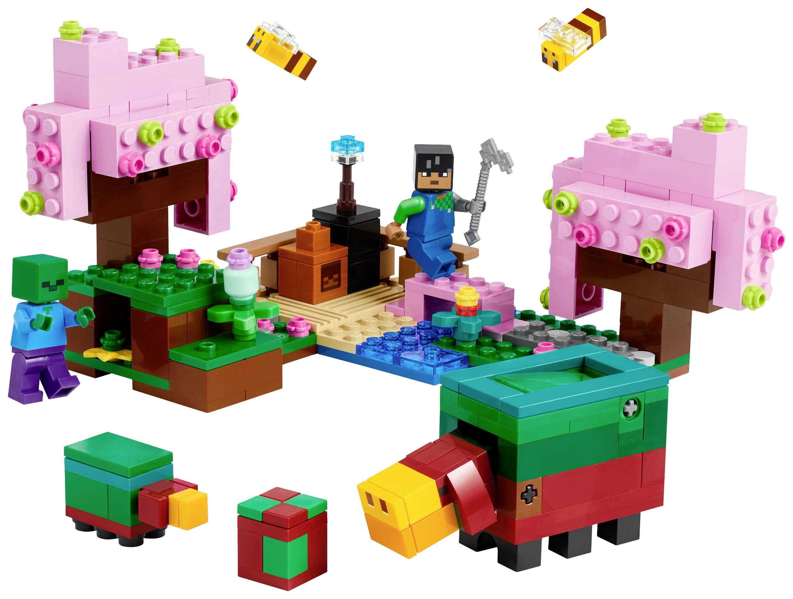 LEGO-Set mit Figur in Videospiel-Szene: zwei rosafarbene Bäume, eine bunte Kreatur, Blumen und zwei Charaktere in Aktion.