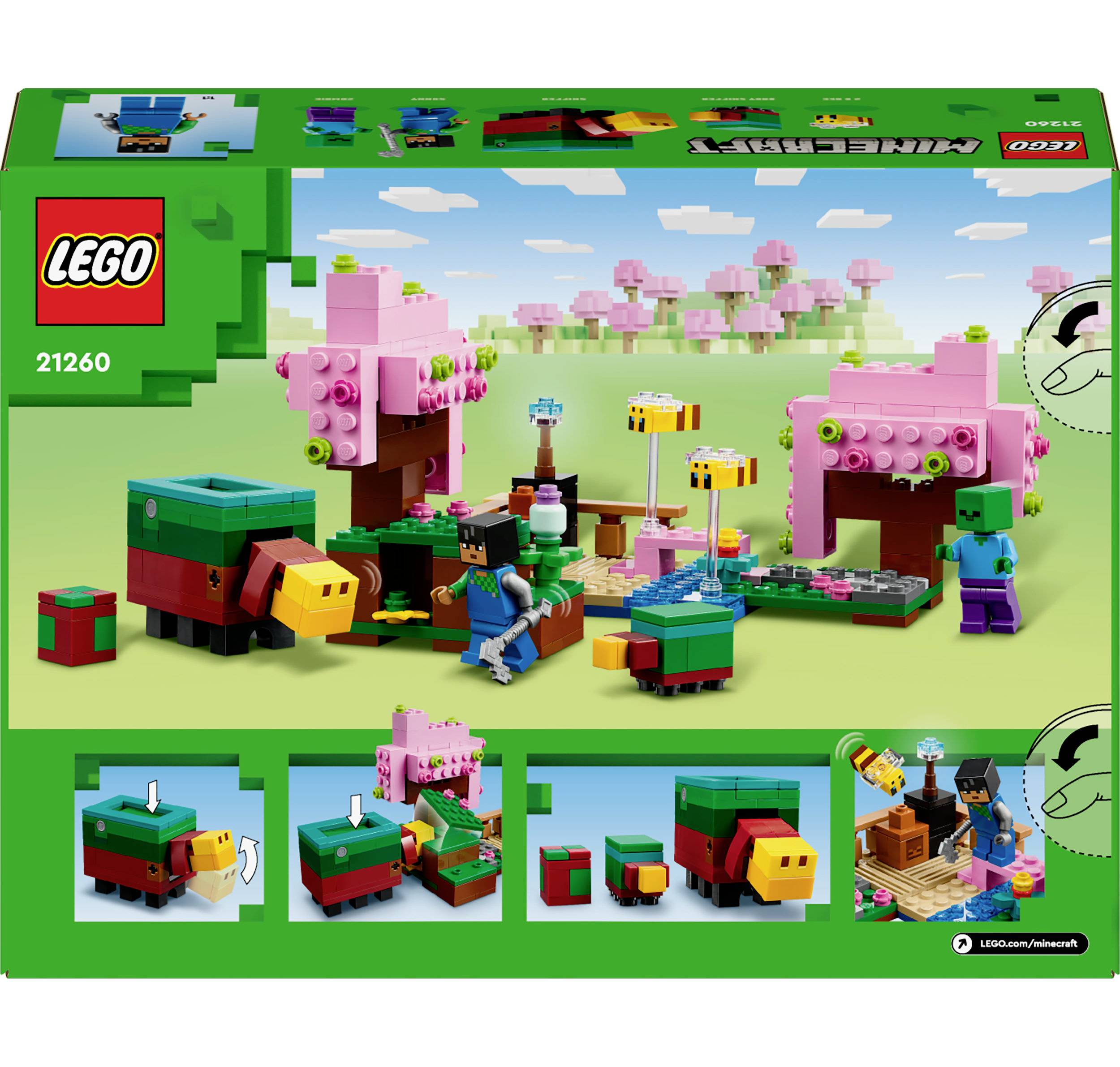 LEGO Set 21260: Minecraft-Szene mit rosa Häusern, Bienen, Bäumen und Figuren. Enthält Anleitungen für modulares Spielzeug.
