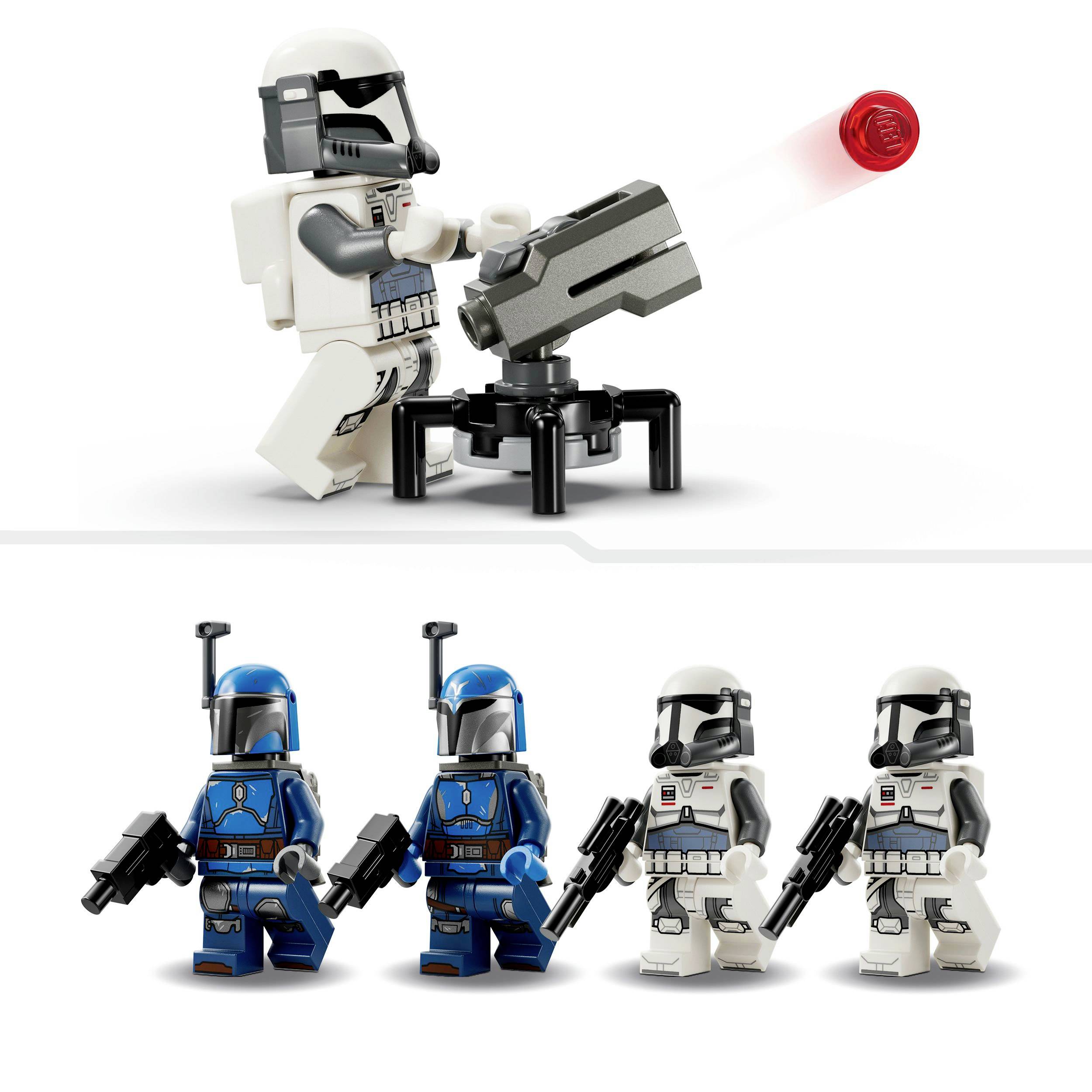 Drei blaue und drei weiße Lego-Figuren in Sci-Fi-Outfits; eine weiße Figur schießt mit einem Kanonenmodell.