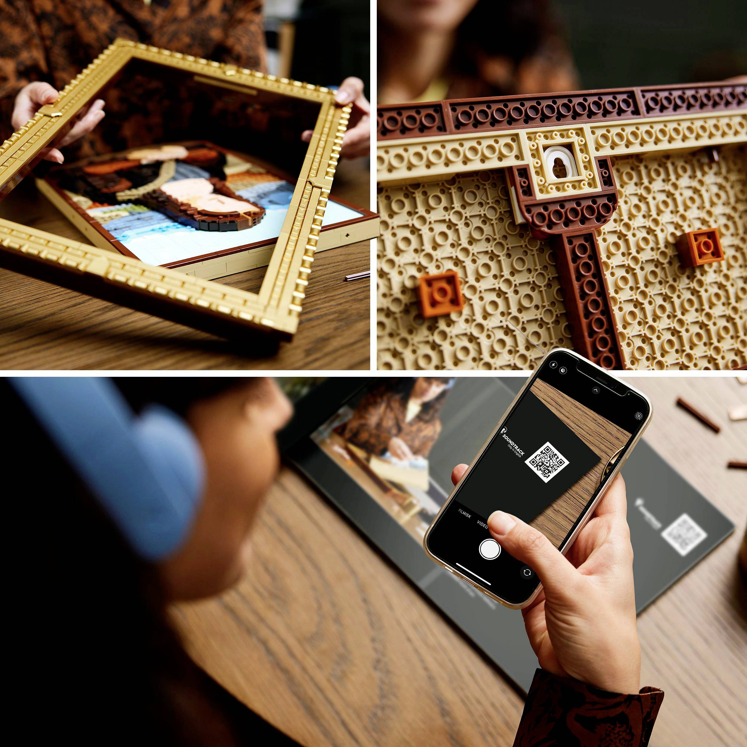 In der Collage aus vier Bildern wird ein Kunstwerk aus Legosteinen gezeigt, ein Rahmen und das Scannen eines QR-Codes mit einem Smartphone.