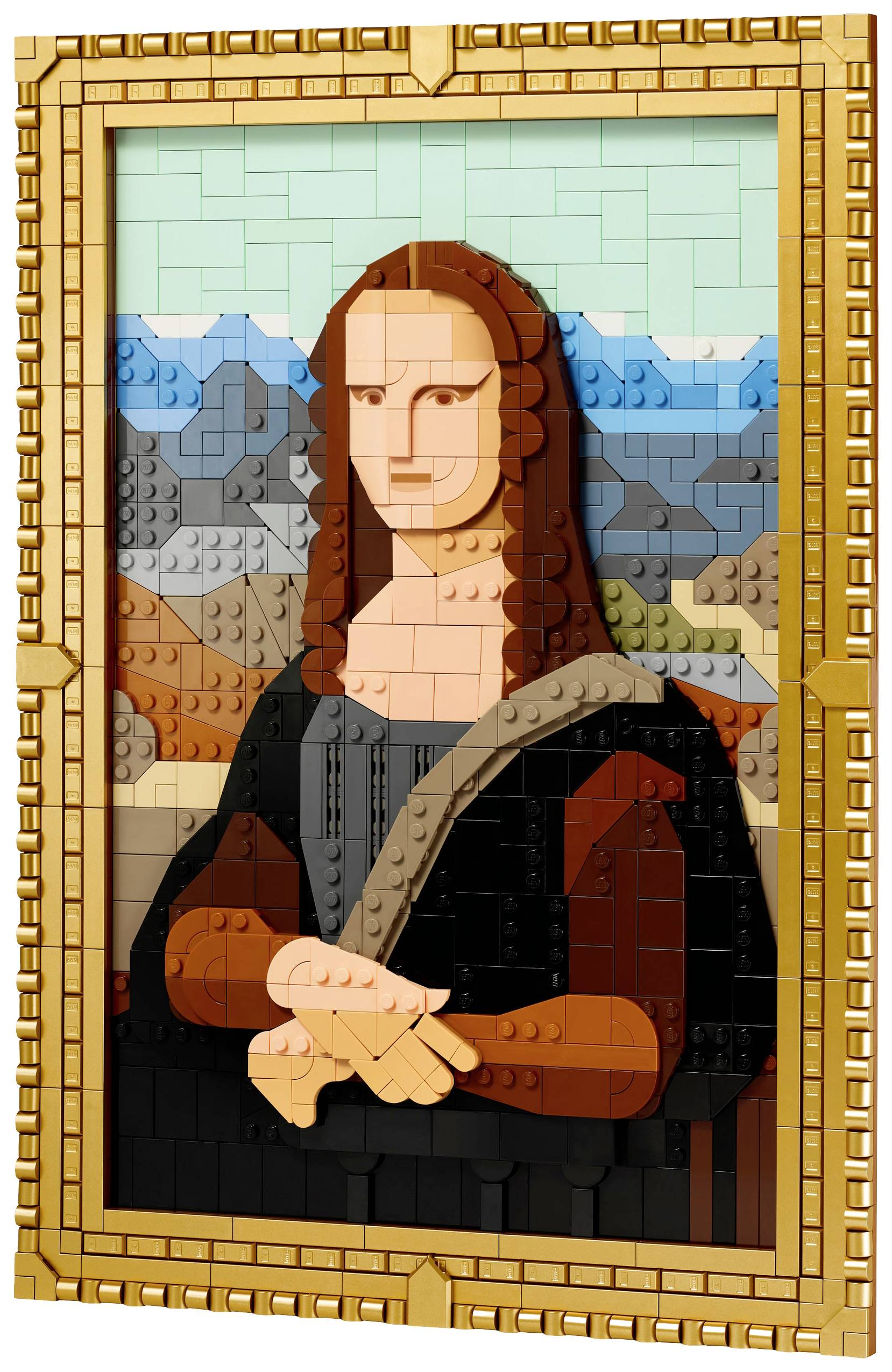 Ein Porträt der Mona Lisa, nachgebildet mit Lego-Steinen, zeigt die berühmte Figur vor einer malerischen Landschaft im Hintergrund.