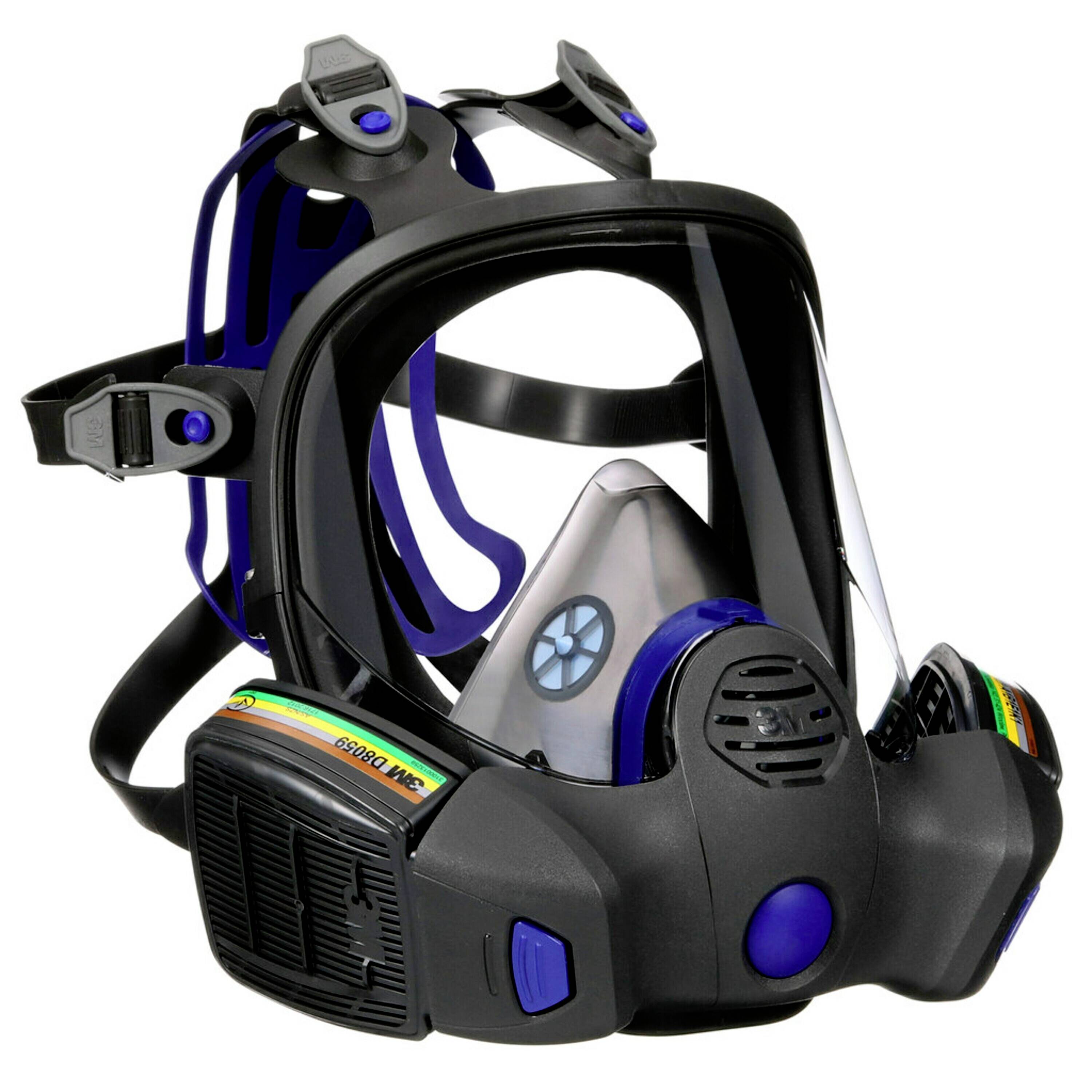 Schwarze Vollgesichtsmaske mit blauen Akzenten, Atemventilen und verstellbaren Riemen. Entwickelt für Atemschutz in industriellen Umgebungen.