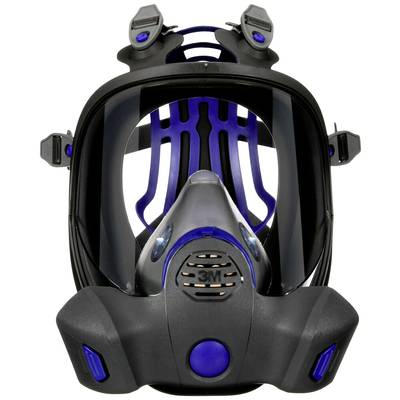 Schwarze Atemschutzmaske mit blauen Akzenten und durchsichtiger Front, für industrielle Sicherheit und Schutz vor Schadstoffen.