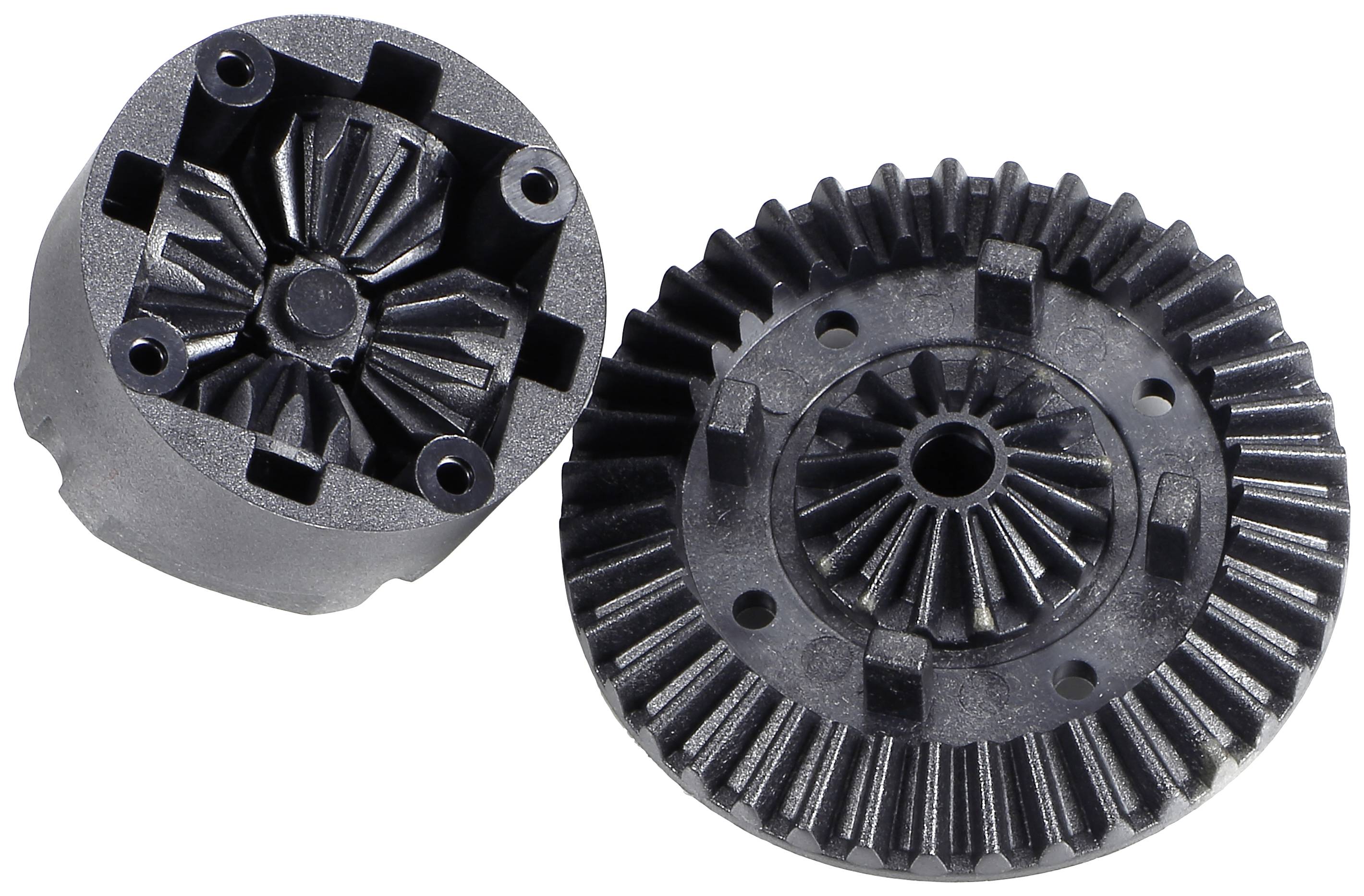 Zwei Zahnräder aus schwarzem Metall, eines in rechteckiger Form mit Innenverzahnung, das andere rund mit Außenverzahnung, liegen nebeneinander.
