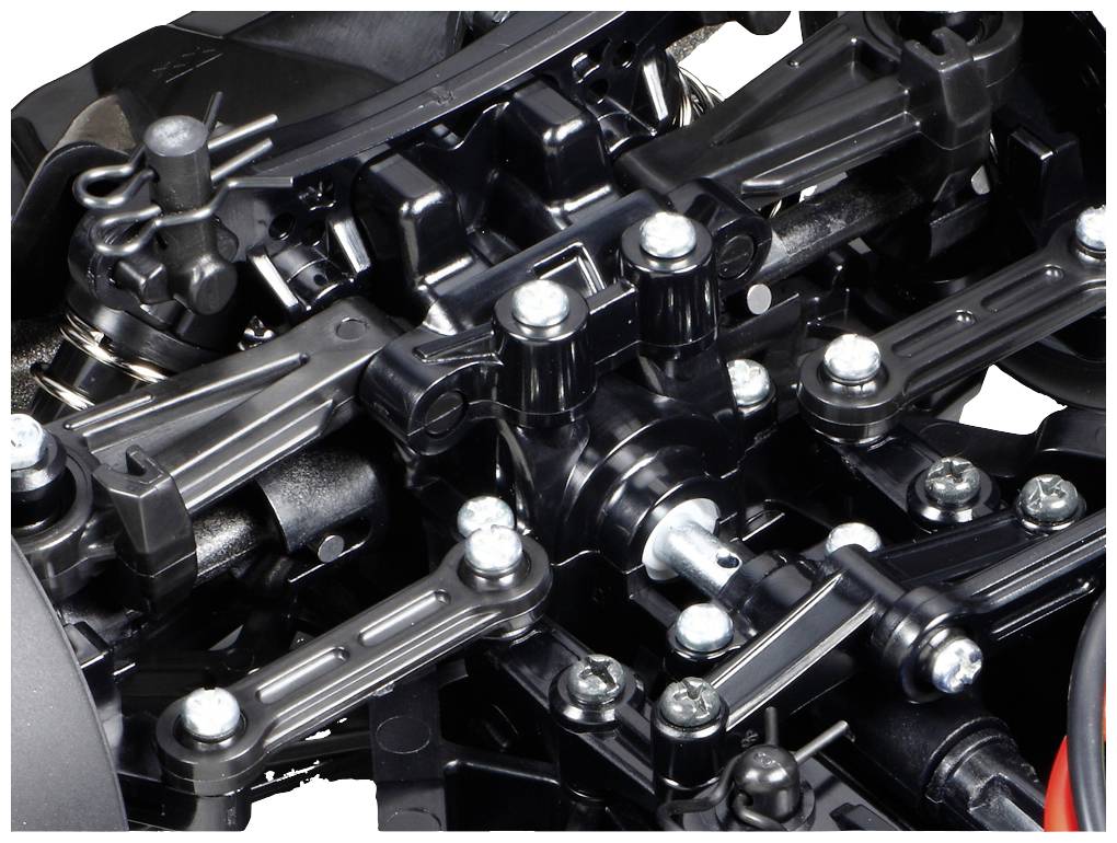 Ein komplexer Mechanismus aus schwarzen Metallteilen und Schrauben, zeigt technische Details eines Maschinen- oder Fahrzeugbauteils.
