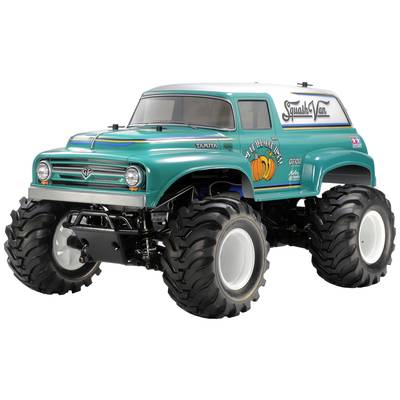 Ein grüner Monstertruck mit großen Reifen und dem Schriftzug 'Squash Van' auf der Seite. Spielzeugmodell aus Kunststoff.