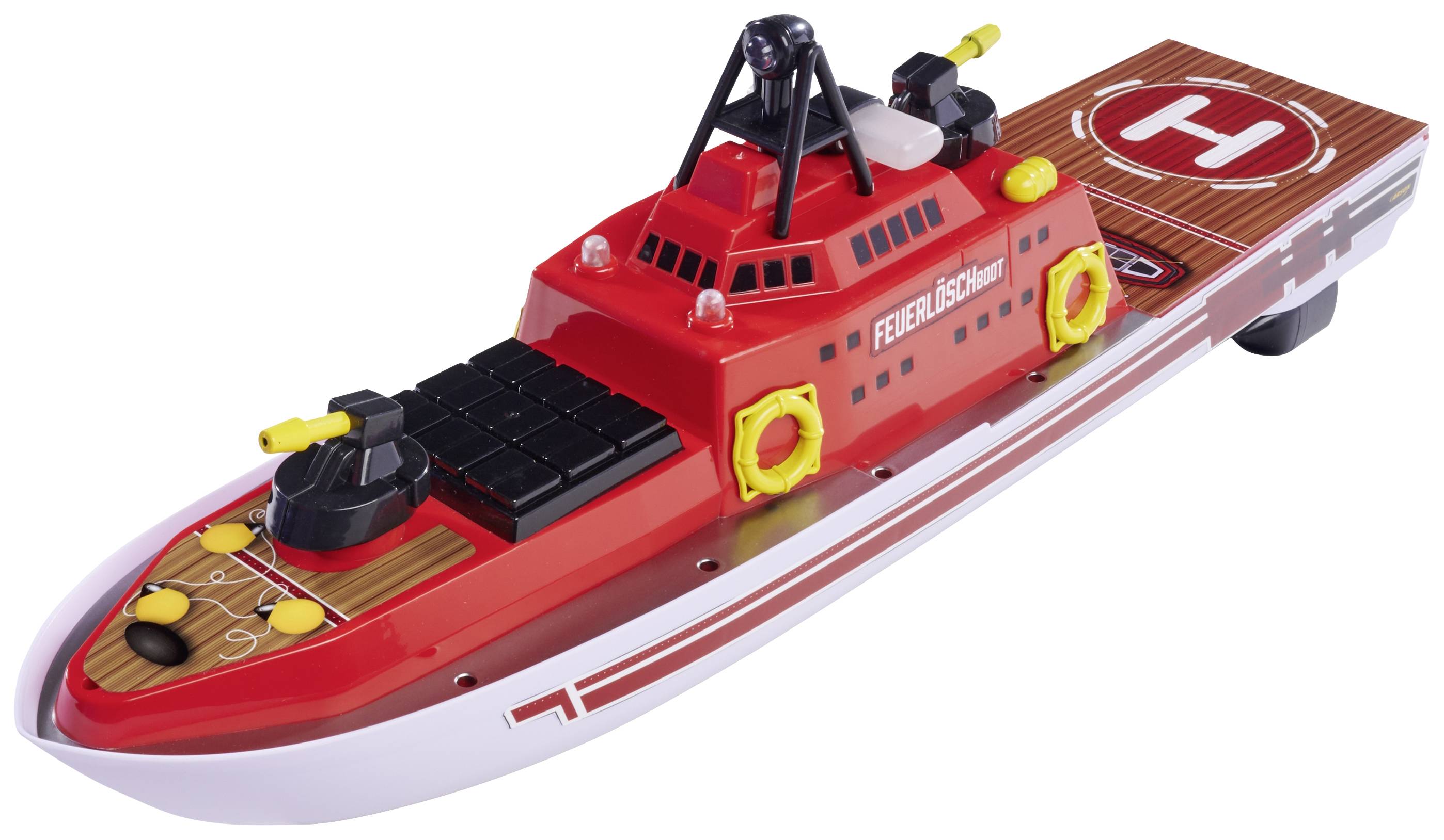 Spielzeug-Feuerlöschboot aus rotem Kunststoff mit weißen und gelben Details. Markierung 'Feuerlöschboot' an der Seite.