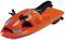 Ein orangefarbenes Spielzeug-Jetski mit blauen Flammenmustern und einem schwarzen Sitz.