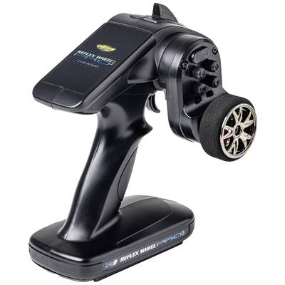 Fernsteuerung für Modellautos mit ergonomischem Griff, Radsteuerung und digitalem Display. Geeignet für präzise Steuerung und Kontrolle.