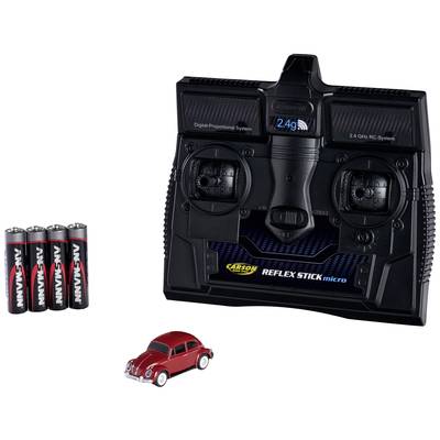 Fernsteuerung mit 2,4 GHz-System und Batterien. Enthält ein kleines rotes Modellauto.