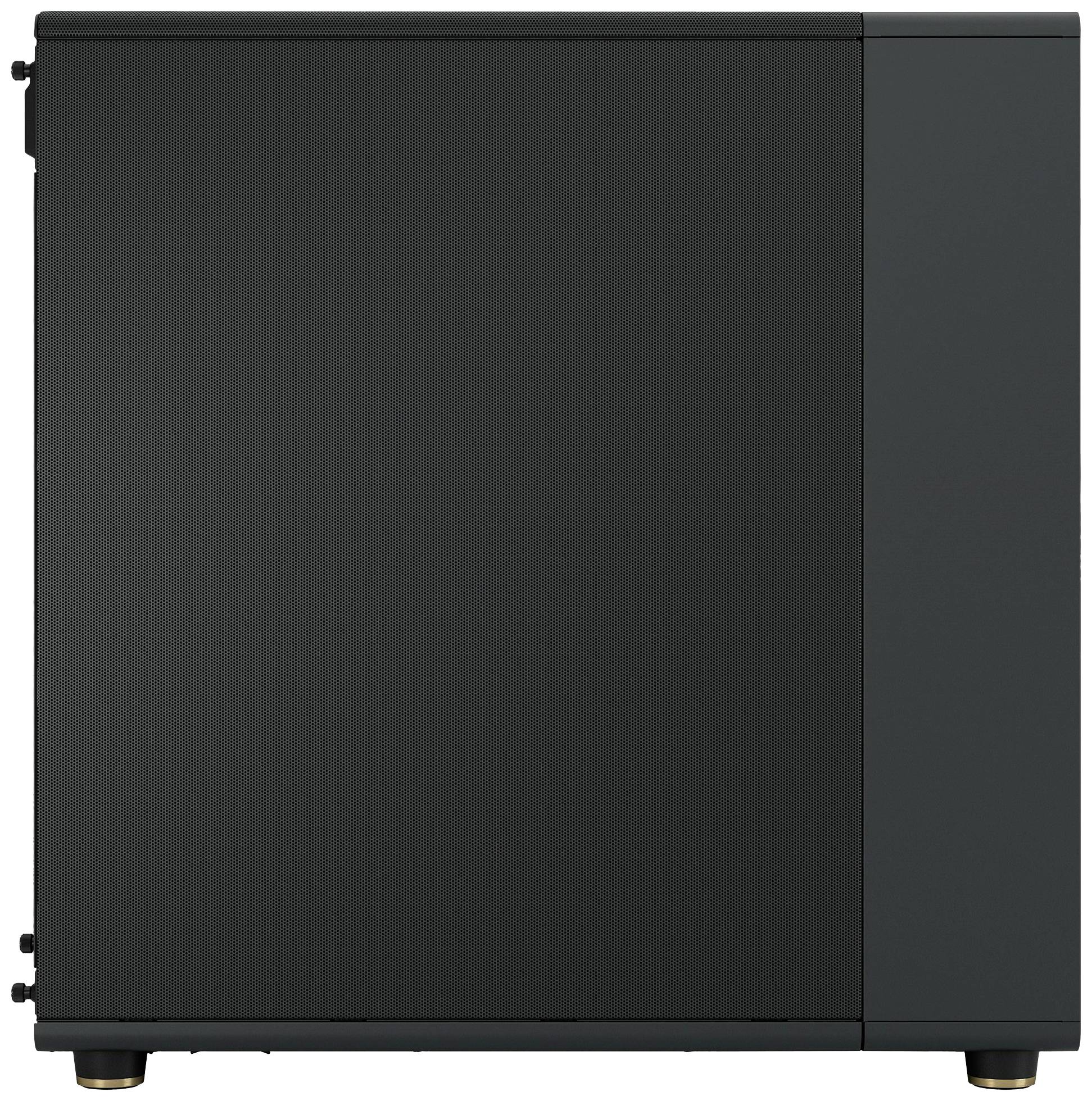 Schwarzes Computergehäuse mit schlichtem Design und glatten Oberflächen, geeignet für den Bau eines PCs oder zum Schutz von Hardware.